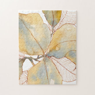 Quebra-cabeça Folhas Botânicas de Aquarela Azul Dourado Suave