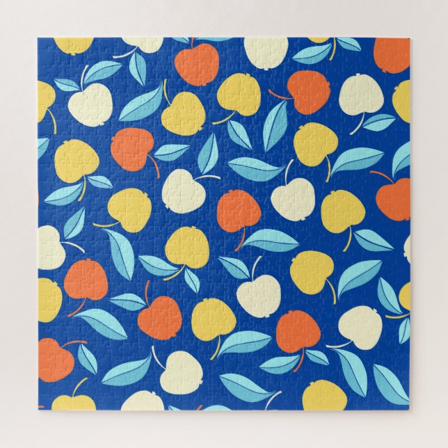 Quebra-cabeça Folhas de maçãs, fundo azul, padrão sem costura. (Vertical)