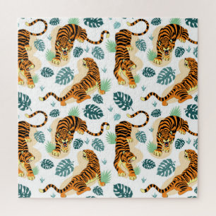 Quebra-cabeça Folhas Tropicais de Tigres: Ilustração Vintage.