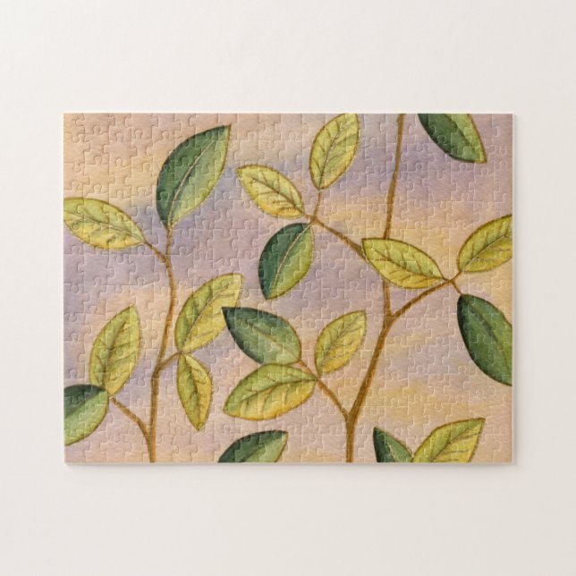 Quebra-cabeça Folhas verdes e amarelas no fundo do sol (Horizontal)