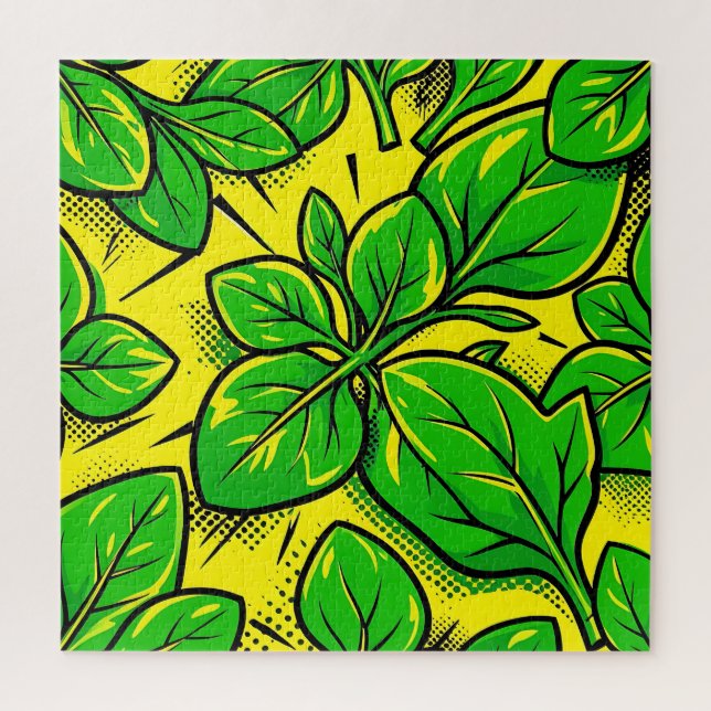 Quebra-cabeça Folhas Verdes Vibrantes Padrão Pop Art (Vertical)