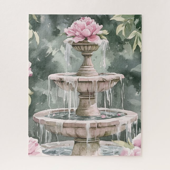 Quebra-cabeça Fonte de Jardim de Aquarela com Peônias para Mulhe (Vertical)
