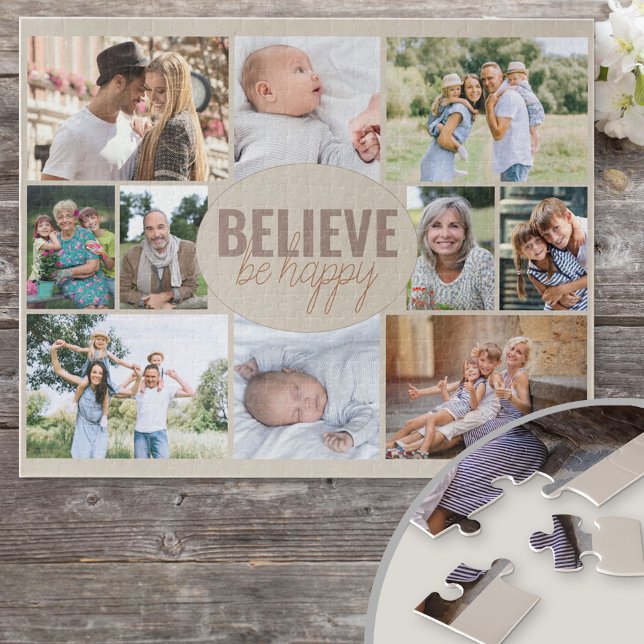 Quebra-cabeça Foto da Colagem de Fotos 10 Família Acredite-se qu (520 piece jigsaw puzzle with 10 of your favorite photos framing believe be happy quote)