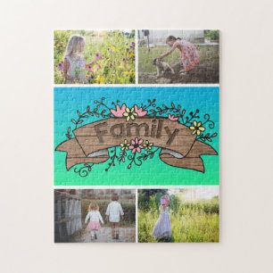 Quebra-cabeça Foto Personalizada 4/ Floral Verde Azul da Família