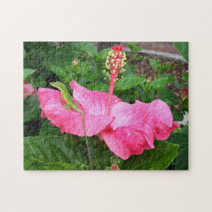 Quebra-cabeça Foto: Rosa Tropical Hibiscus Flower Anole Lizard