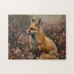 Quebra-cabeça Fox vermelha com pintura de flores silvestres cor-