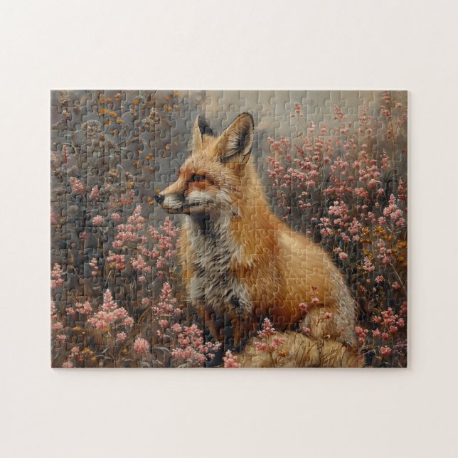 Quebra-cabeça Fox vermelha com pintura de flores silvestres cor- (Horizontal)