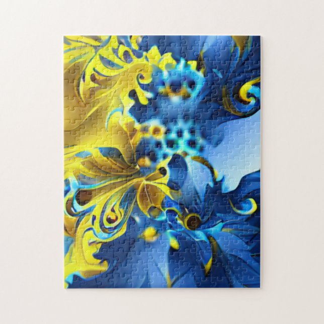 Quebra-cabeça Fractal Floral Azul e Amarelo (Vertical)