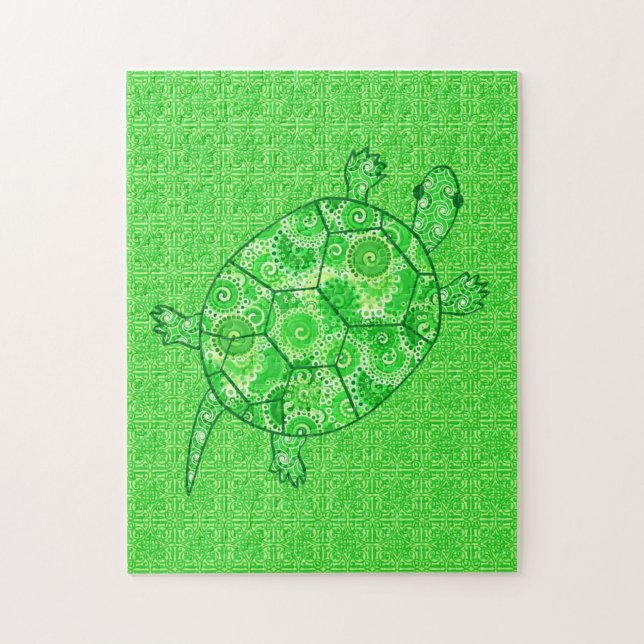 Quebra-cabeça Fractal Swirl Turtle Limão e Emerald Green (Vertical)