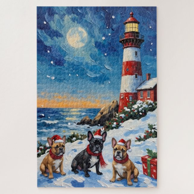 Quebra-cabeça French Bulldog Christmas Lighthouse Holiday (Vertical)
