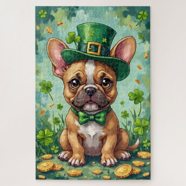 Quebra-cabeça French Bulldog Dia de São Patrício Cachorro Sortud (Vertical)