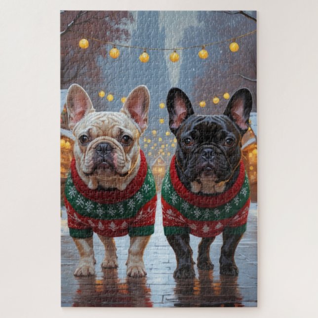 Quebra-cabeça French Bulldogs Christmas Snow Holiday (Vertical)