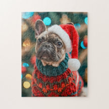 Frenchie Com Chapéu de Papai Noel Árvore de Natal