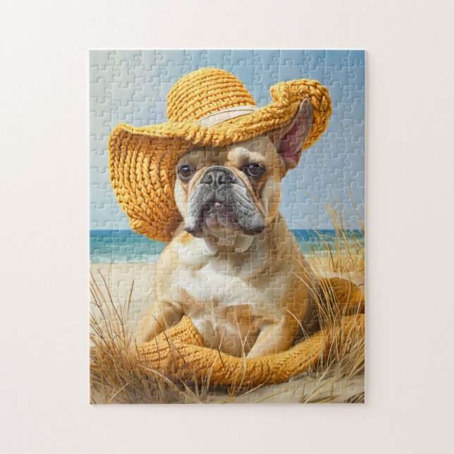 Quebra-cabeça Frenchie de verão com chapéu de praia (Vertical)