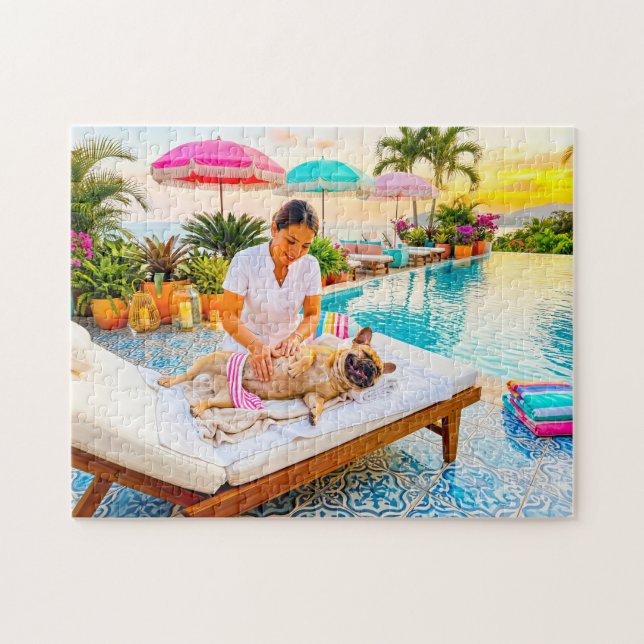 Quebra-cabeça Frenchie na piscina massagem (Horizontal)