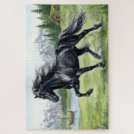 Quebra-cabeça Freydis Black Cavalo Islandês em Paisagem Nórdica