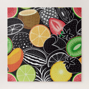 Quebra-cabeça Frutas tropicais coloridas, fundo preto.