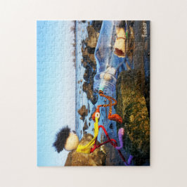 Quebra-cabeça Fubby met flessenpost aan de kust.