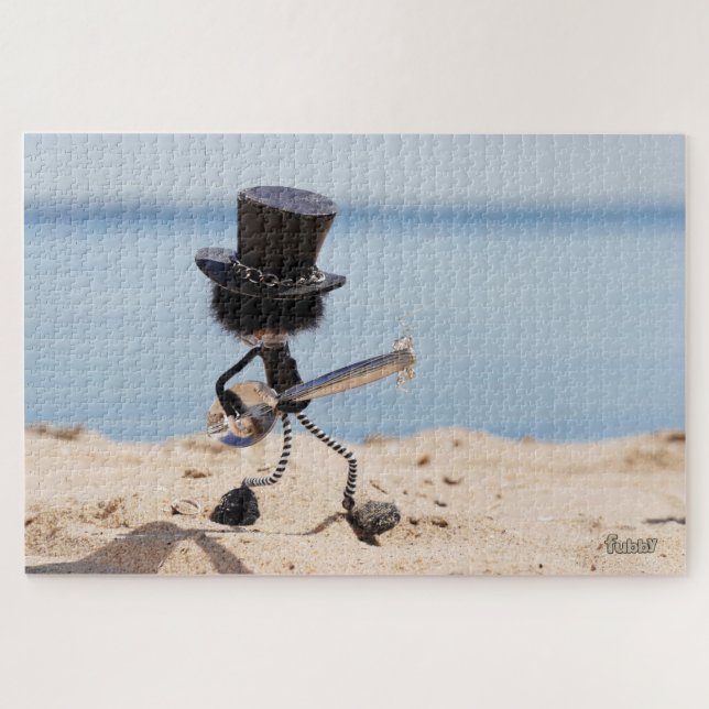 Quebra-cabeça Fubby rock gitarist met hoed op het strand. (Horizontal)