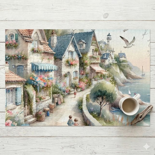 Quebra-cabeça Fuga de Aldeia de Casa de Campo Costeira Pastel (Pastel Coastal Cottage Village Escape Jigsaw Puzzle On Table)