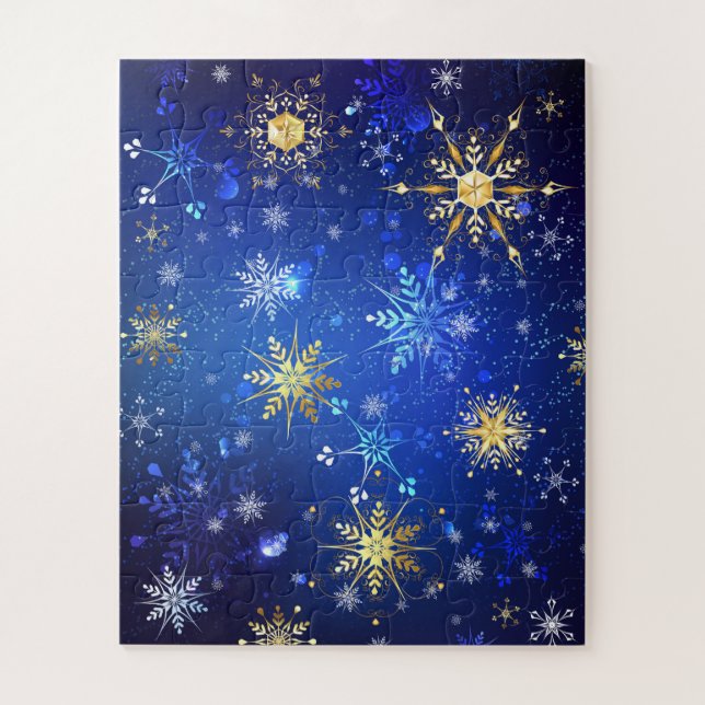Quebra-cabeça Fundo Azul XMAS com Flocos de Neve Ouro (Vertical)