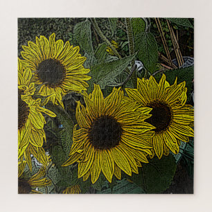 Quebra-cabeça fundo de folhas com grandes flores amarelas