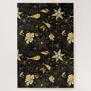 Quebra-cabeça Fundo floral ouro preto-branco