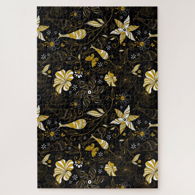 Quebra-cabeça Fundo floral ouro preto-branco (Vertical)