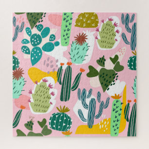 Quebra-cabeça Fundo rosa, padrão de cacto desenhado à mão.