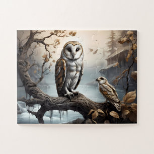 Quebra-cabeça Funny Barn Owl, sentado em Branch