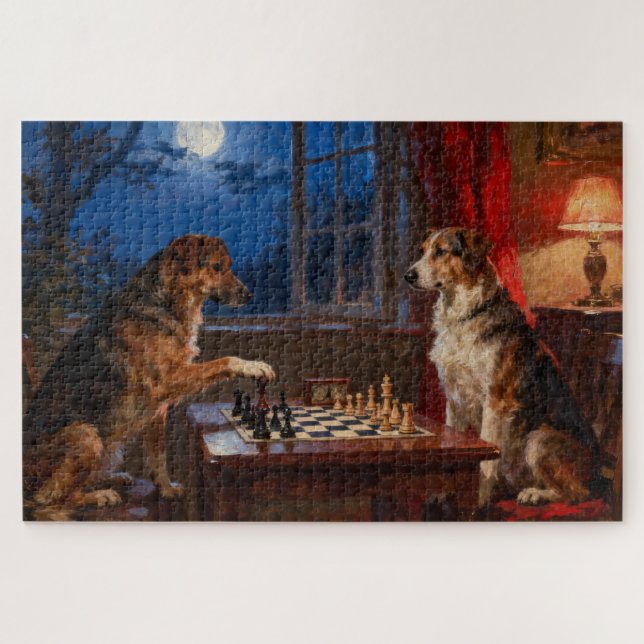 Quebra-cabeça Funny Dogs Playing Chess Dog Lover Gift (Horizontal)