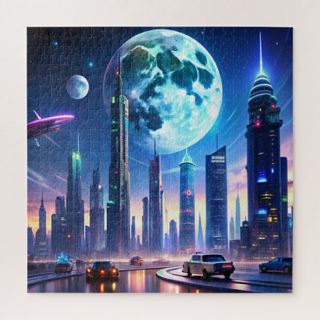 Quebra-cabeça Futuro "Neon Cityscape" com carros voadores e céu (Vertical)
