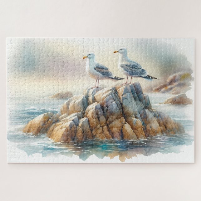 Quebra-cabeça Gaivotas Costeiras Aquarela Paisagem Marítima (Horizontal)