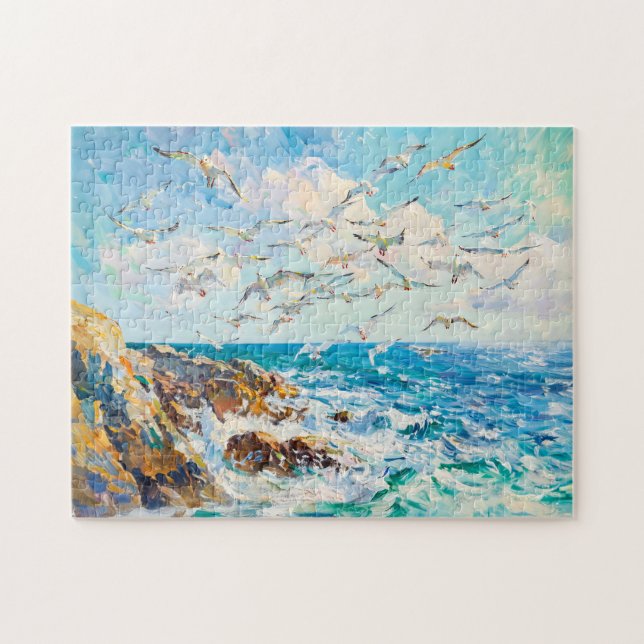 Quebra-cabeça Gaivotas Sobre Ondas Cena Oceânica Impressionista (Horizontal)