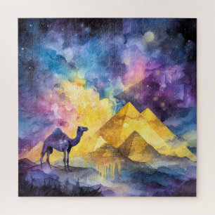 Quebra-cabeça Galáxia do Deserto em Aquarela Camelo Pirâmide Via