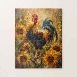 Quebra-cabeça Galo e Girassóis - Pintura a óleo