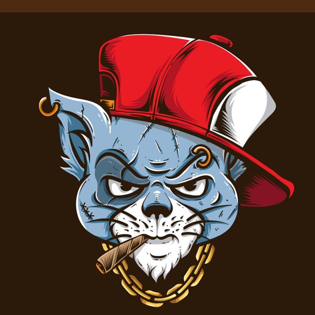 Quebra-cabeça Gangster Cat (A cartoon illustration of a blue cat head with an angry expression, wearing a red baseball cap.)