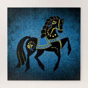 Quebra-cabeça Garanhão de cavalo frísio-negro em azul