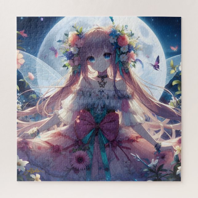 Quebra-cabeça Garota Anime Flor Lua Fada (Vertical)