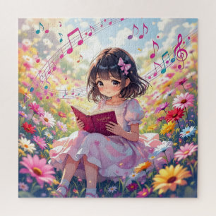 Quebra-cabeça Garota Anime Fofa Lendo um Livro