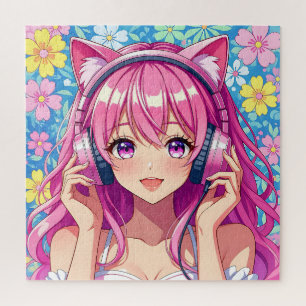 Quebra-cabeça Garota Anime Rosa Fofa com Fones de Ouvido