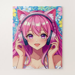 Quebra-cabeça Garota Anime Rosa Fofa com Fones de Ouvido