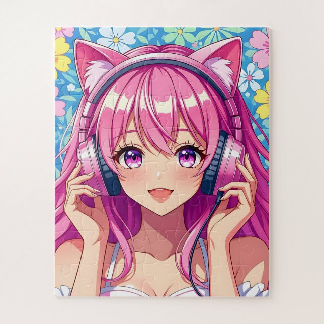 Quebra-cabeça Garota Anime Rosa Fofa com Fones de Ouvido (Vertical)
