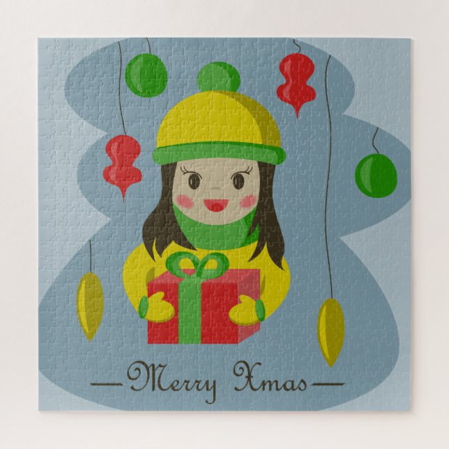 Quebra-cabeça Garota com caixa de presentes de Natal (Vertical)