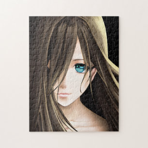 Quebra-cabeça Garota de anime de cabelo castanho e olhos azuis