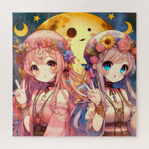 Quebra-cabeça Garota de Anime Hippie Lua Garotas Fazendo Sinal d