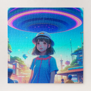 Quebra-cabeça Garota de anime sob um OVNI na cidade
