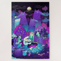 Garota de cabelo branco tocando violão