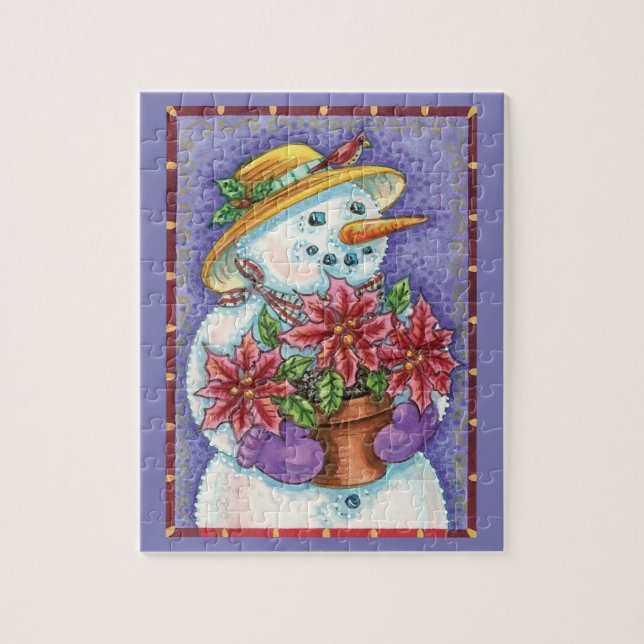 Quebra-cabeça Garota de Natal Fofo Boneco de Neve com Poinsettia (Vertical)