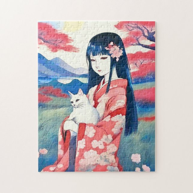 Quebra-cabeça Garota japonesa com um gato branco (Vertical)